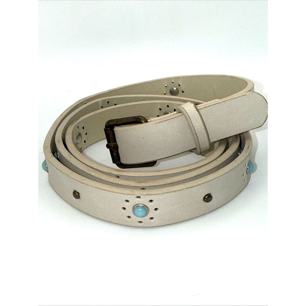 Boho SW Faux Turquoise Concho Leather Belt Cream Western Cowgirl Festival Narrow